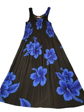 Aloha Hut Hawaii Blue Hibiscus Smocked Sundress Tropical Luau One Size